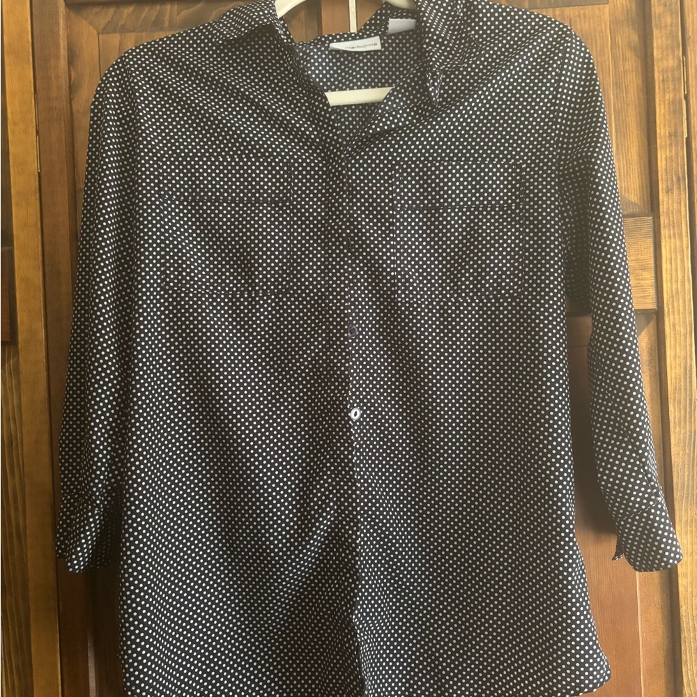 Liz Claiborne Navy and White Polka Dot Blouse